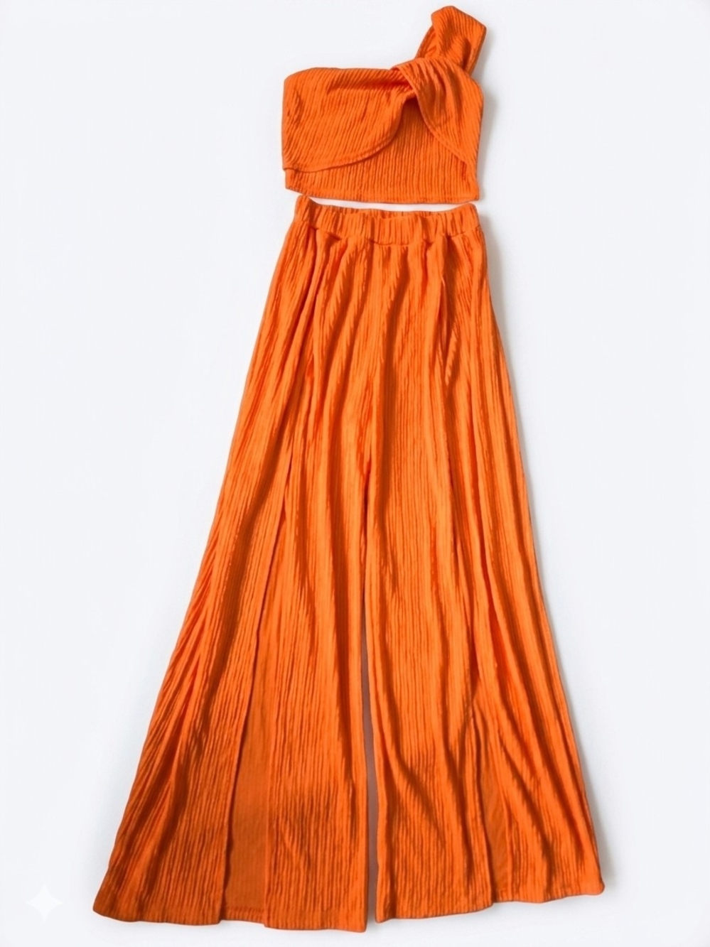 SHEIN Orange One-Shoulder Crop Top & Wide-Leg Pants Set